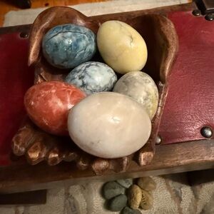 Set of six multicolored polished decorative marble eggs